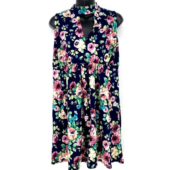 Amelia James Dresses & Skirts - Amelia James AJ Dress Medium Blue Floral Mock Neck Keyhole Sleeveless Women New